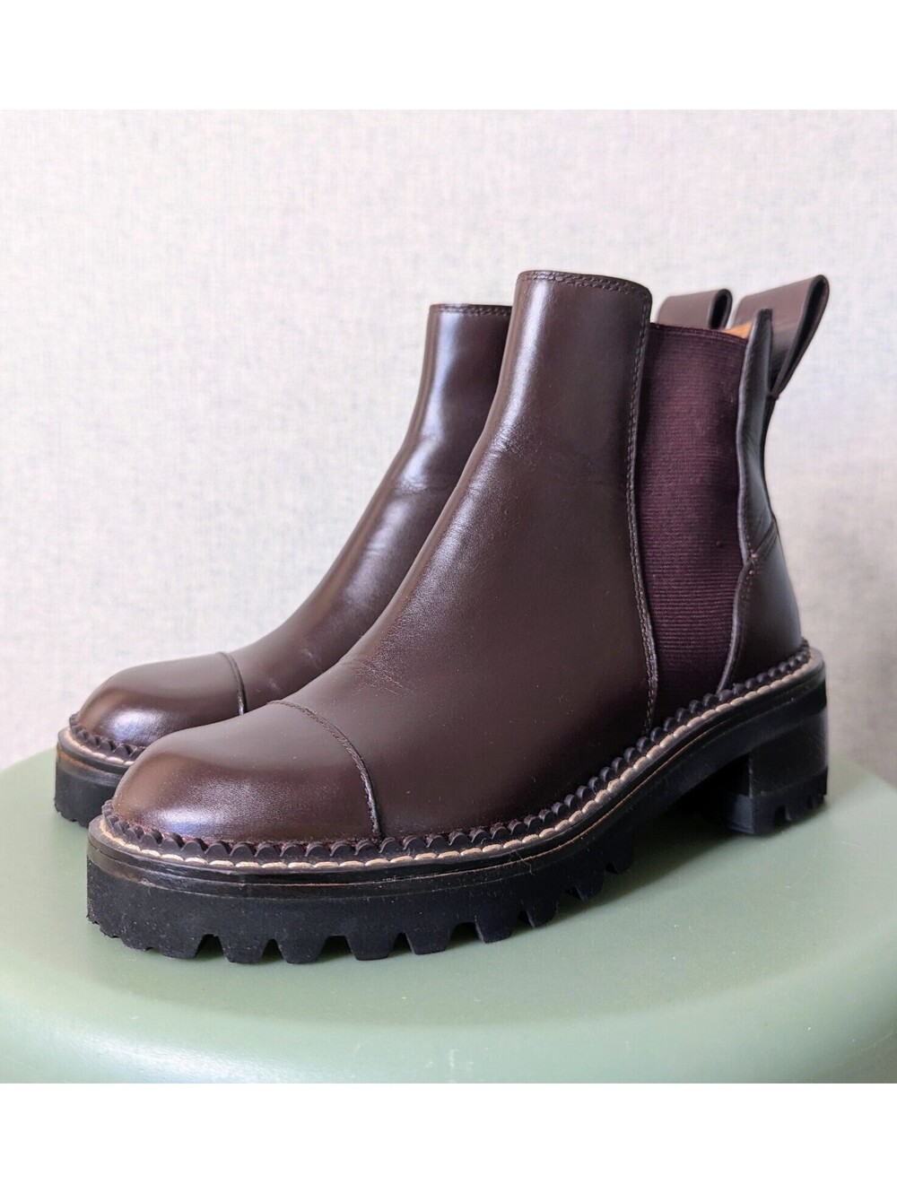See By Chloe burgundy leather lug sole Chelsea ankle boots